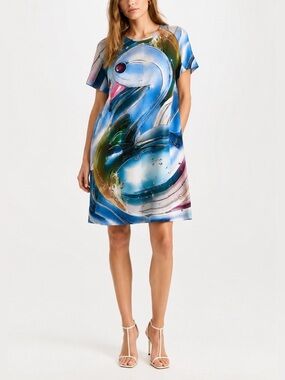 Tory Burch Cotton T-Shirt Dress Blue Lucky Duck 14 Novelty Print Whimsical Art